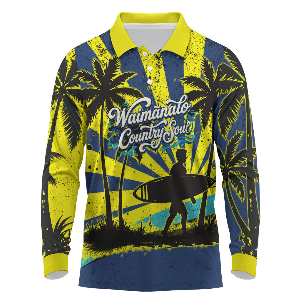 Waimanalo Oahu Hawaii Surfing Long Sleeve Polo Shirt Tropical Beach Retro Sunburst Surfboard