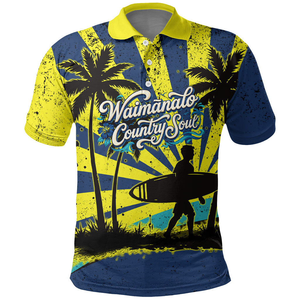 Waimanalo Oahu Hawaii Surfing Polo Shirt Tropical Beach Retro Sunburst Surfboard