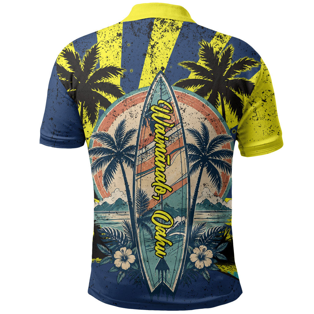 Waimanalo Oahu Hawaii Surfing Polo Shirt Tropical Beach Retro Sunburst Surfboard