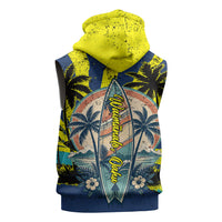 Waimanalo Oahu Hawaii Surfing Sleeveless Zip Hoodie Tropical Beach Retro Sunburst Surfboard