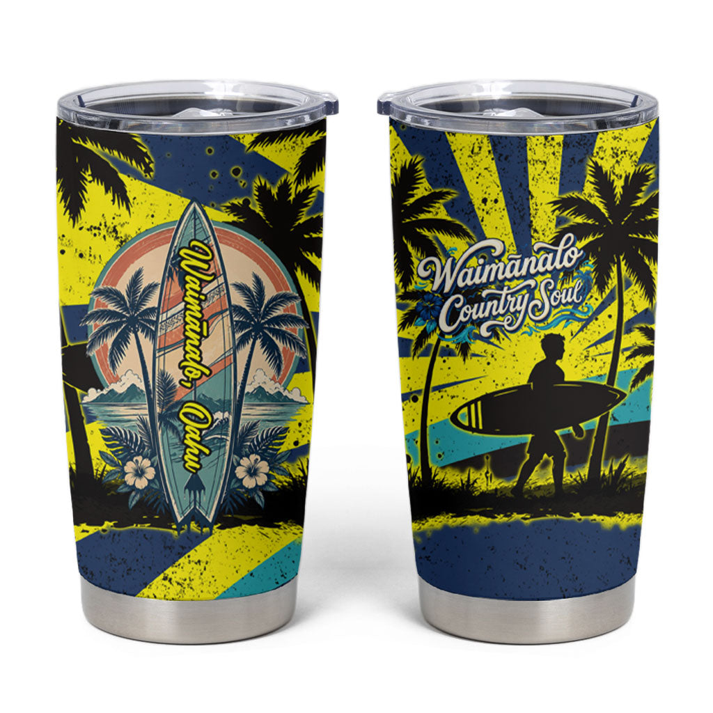 Waimanalo Oahu Hawaii Surfing Tumbler Cup Tropical Beach Retro Sunburst Surfboard
