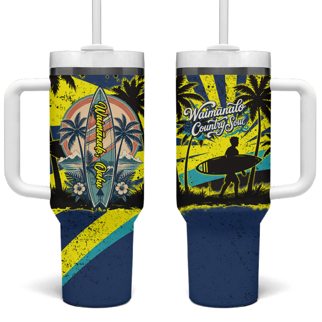 Waimanalo Oahu Hawaii Surfing Tumbler With Handle Tropical Beach Retro Sunburst Surfboard
