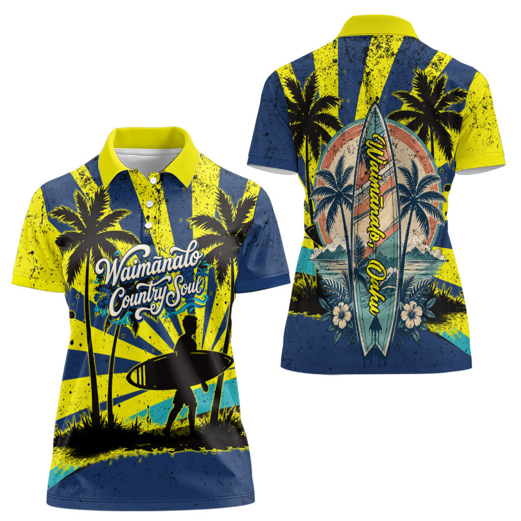 Waimanalo Oahu Hawaii Surfing Women Polo Shirt Tropical Beach Retro Sunburst Surfboard