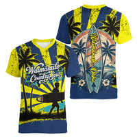 Waimanalo Oahu Hawaii Surfing Women V-Neck T-Shirt Tropical Beach Retro Sunburst Surfboard