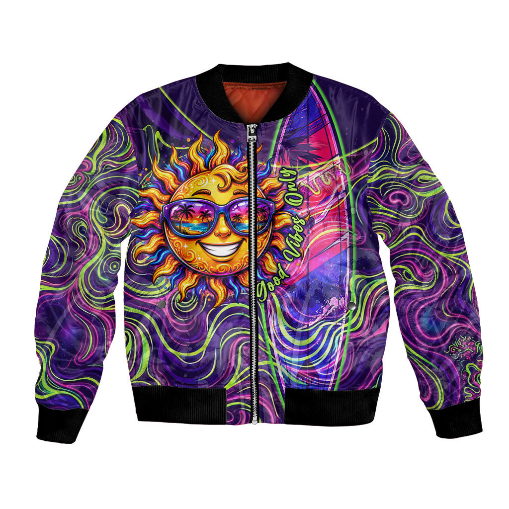Waimanalo Hawaii Sun Rabbit Bomber Jacket Psychedelic Trippy Neon Swirl Graphic TS04 Unisex Purple Green - Polynesian Pride