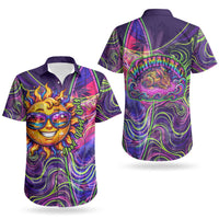 Waimanalo Hawaii Sun Rabbit Couples Matching Off Shoulder Short Dress and Hawaiian Shirt Psychedelic Trippy Neon Swirl Graphic