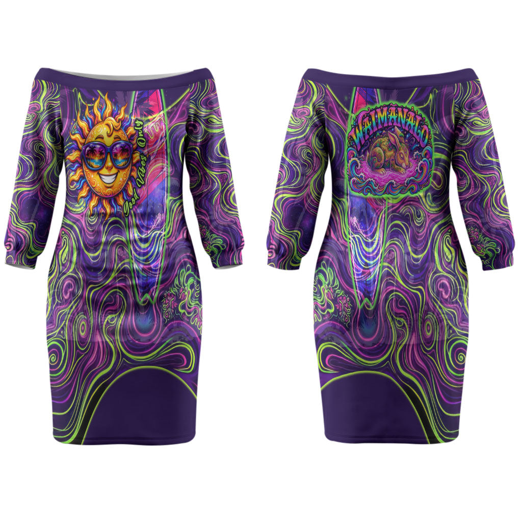 Waimanalo Hawaii Sun Rabbit Couples Matching Off The Shoulder Long Sleeve Dress and Hawaiian Shirt Psychedelic Trippy Neon Swirl Graphic TS04 - Polynesian Pride