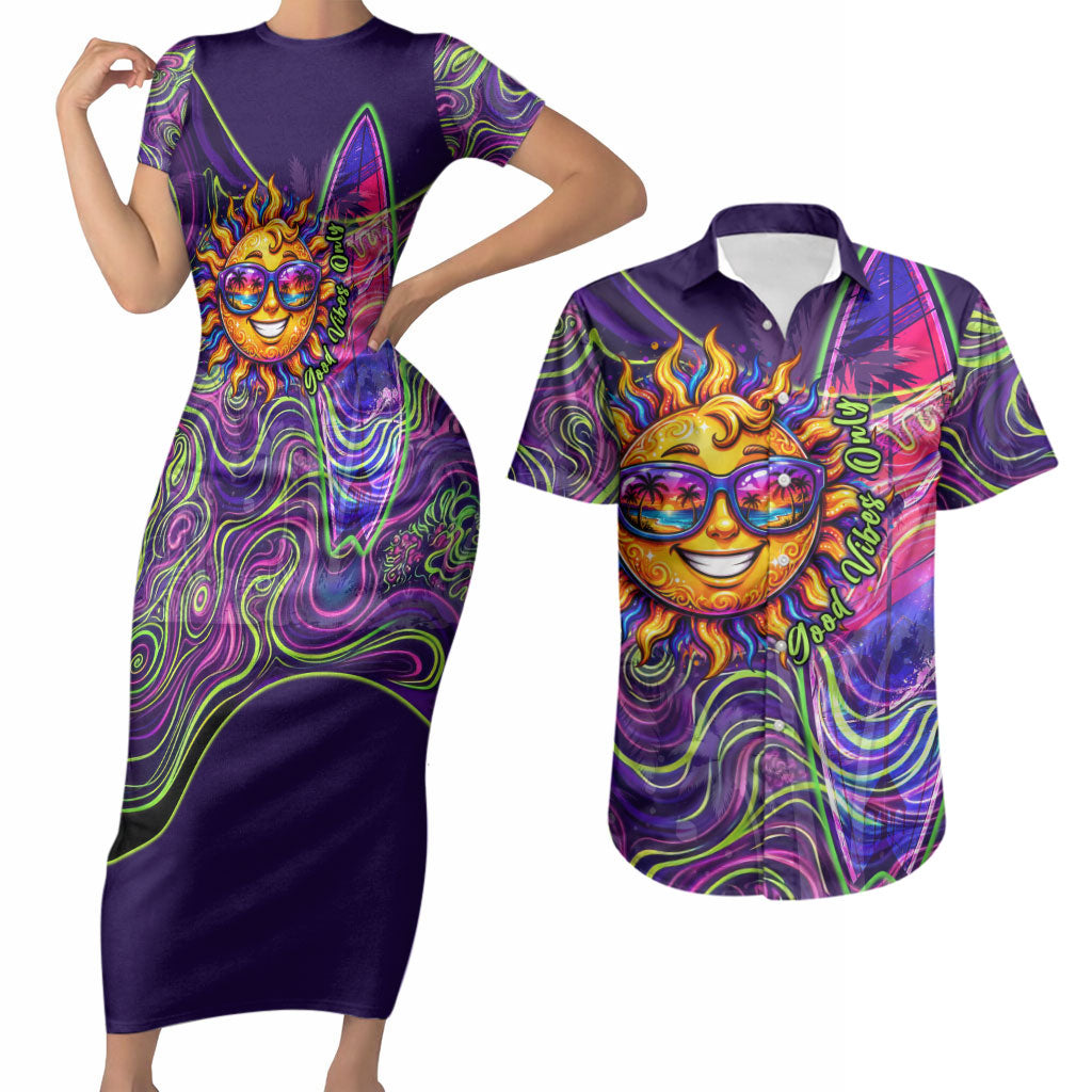 Waimanalo Hawaii Sun Rabbit Couples Matching Short Sleeve Bodycon Dress and Hawaiian Shirt Psychedelic Trippy Neon Swirl Graphic TS04 Purple Green - Polynesian Pride