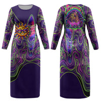 Waimanalo Hawaii Sun Rabbit Family Matching Long Sleeve Bodycon Dress and Hawaiian Shirt Psychedelic Trippy Neon Swirl Graphic TS04 Mom's Dress Purple Green - Polynesian Pride