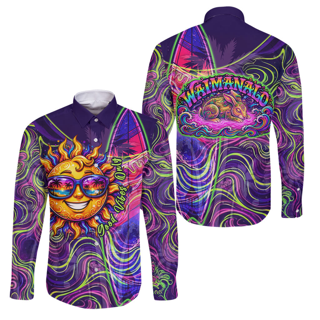 Waimanalo Hawaii Sun Rabbit Family Matching Long Sleeve Bodycon Dress and Hawaiian Shirt Psychedelic Trippy Neon Swirl Graphic TS04 Dad's Shirt - Long Sleeve Purple Green - Polynesian Pride