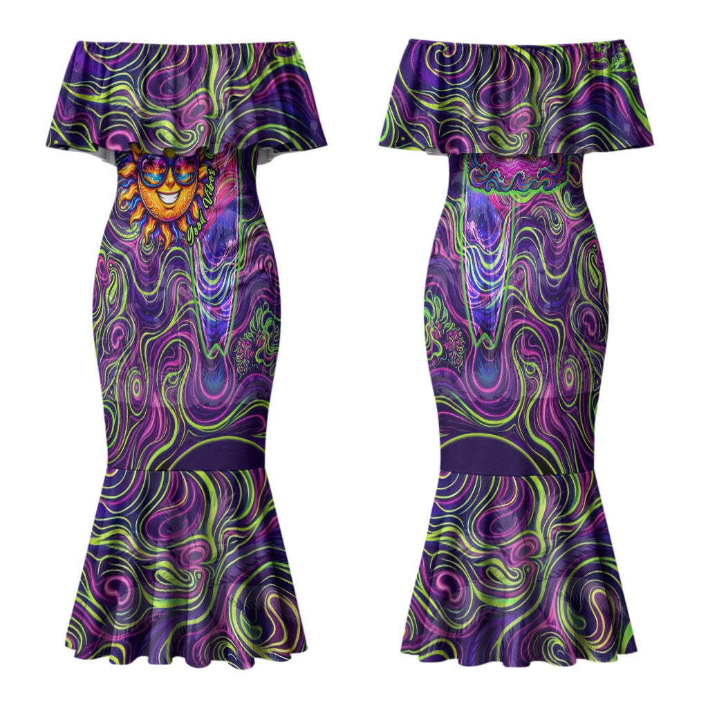 Waimanalo Hawaii Sun Rabbit Family Matching Mermaid Dress and Hawaiian Shirt Psychedelic Trippy Neon Swirl Graphic TS04 Mom's Dress Purple Green - Polynesian Pride