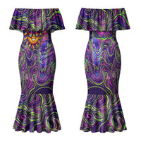 Waimanalo Hawaii Sun Rabbit Family Matching Mermaid Dress and Hawaiian Shirt Psychedelic Trippy Neon Swirl Graphic TS04 Mom's Dress Purple Green - Polynesian Pride