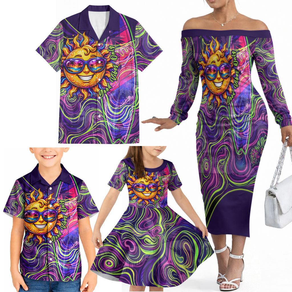 Waimanalo Hawaii Sun Rabbit Family Matching Off The Shoulder Long Sleeve Dress and Hawaiian Shirt Psychedelic Trippy Neon Swirl Graphic TS04 - Polynesian Pride