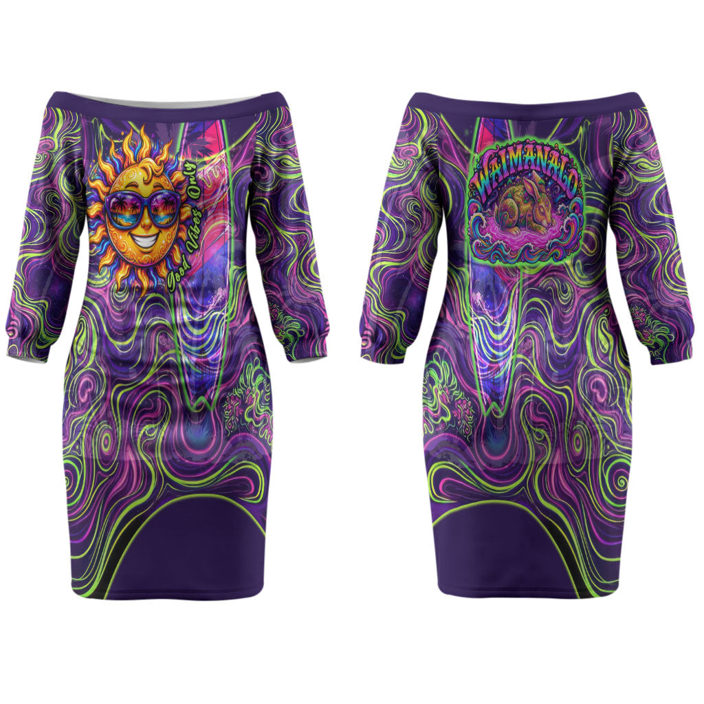 Waimanalo Hawaii Sun Rabbit Family Matching Off The Shoulder Long Sleeve Dress and Hawaiian Shirt Psychedelic Trippy Neon Swirl Graphic