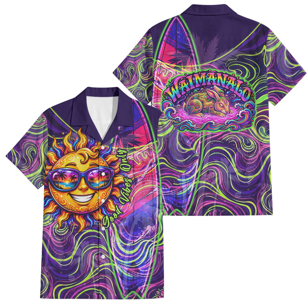 Waimanalo Hawaii Sun Rabbit Family Matching Off The Shoulder Long Sleeve Dress and Hawaiian Shirt Psychedelic Trippy Neon Swirl Graphic