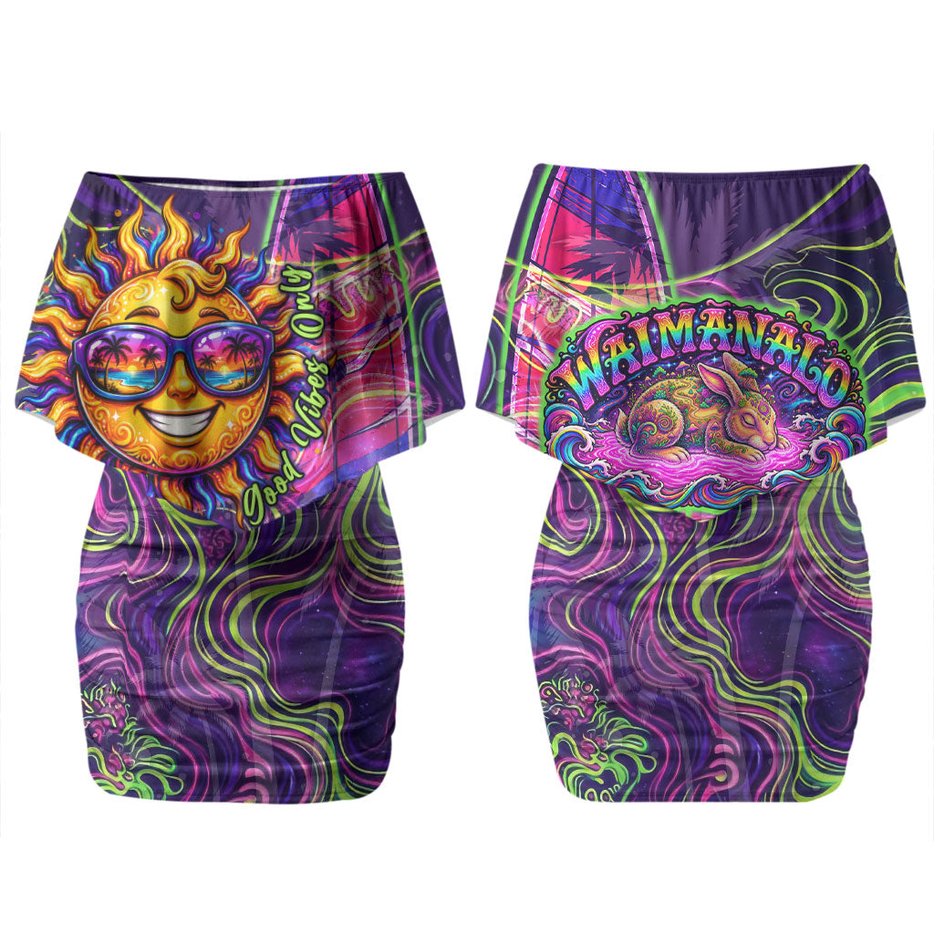 Waimanalo Hawaii Sun Rabbit Family Matching Off Shoulder Short Dress and Hawaiian Shirt Psychedelic Trippy Neon Swirl Graphic TS04 Mom's Dress Purple Green - Polynesian Pride