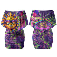 Waimanalo Hawaii Sun Rabbit Family Matching Off Shoulder Short Dress and Hawaiian Shirt Psychedelic Trippy Neon Swirl Graphic TS04 Mom's Dress Purple Green - Polynesian Pride
