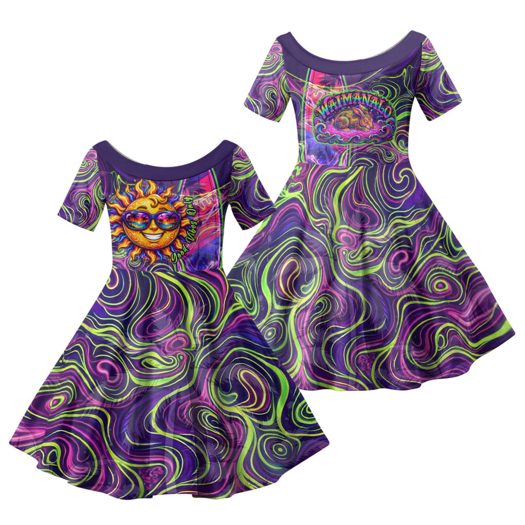 Waimanalo Hawaii Sun Rabbit Family Matching Off Shoulder Short Dress and Hawaiian Shirt Psychedelic Trippy Neon Swirl Graphic TS04 Daughter's Dress Purple Green - Polynesian Pride