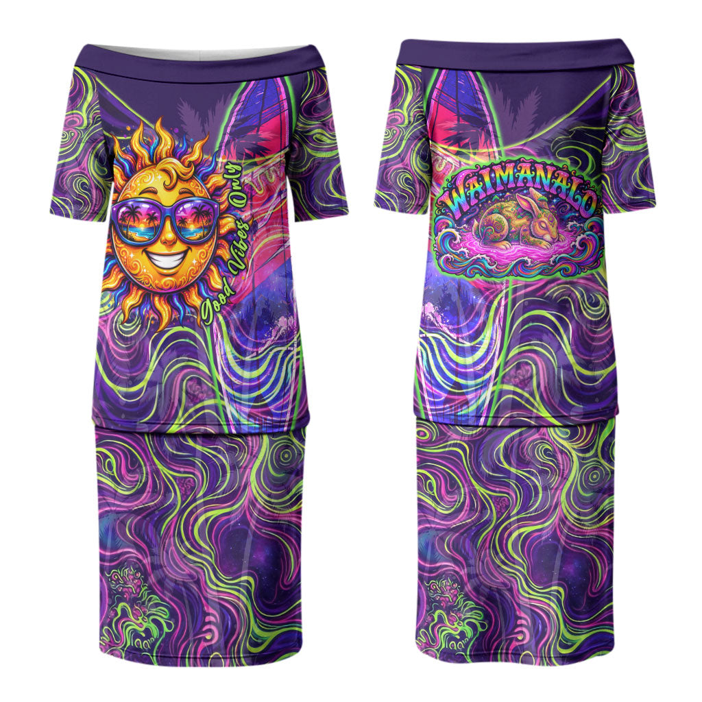 Waimanalo Hawaii Sun Rabbit Family Matching Puletasi and Hawaiian Shirt Psychedelic Trippy Neon Swirl Graphic