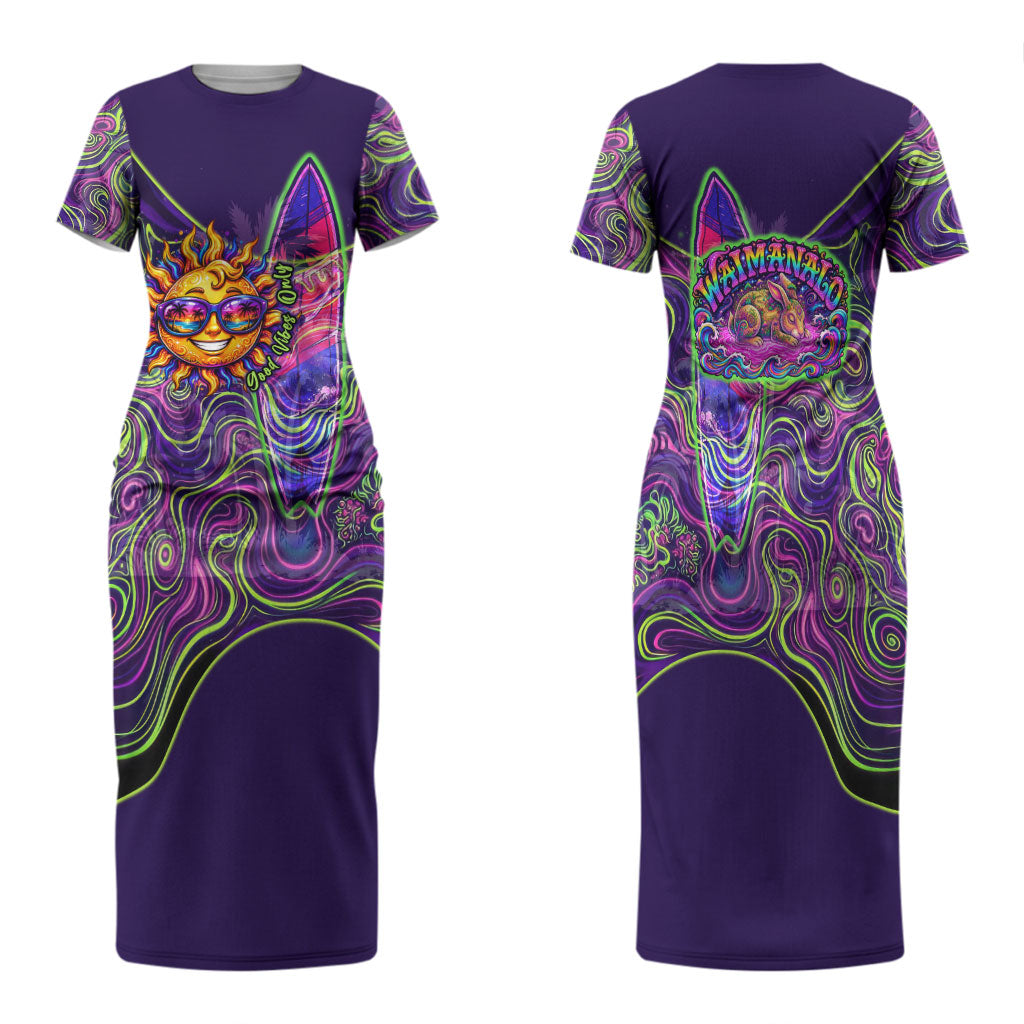 Waimanalo Hawaii Sun Rabbit Family Matching Short Sleeve Bodycon Dress and Hawaiian Shirt Psychedelic Trippy Neon Swirl Graphic