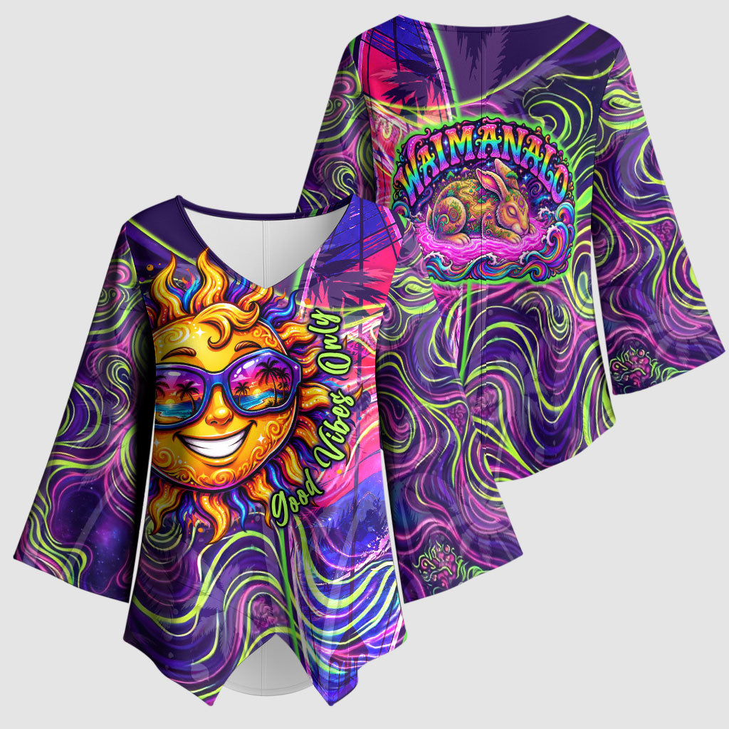 Waimanalo Hawaii Sun Rabbit Kimono Sleeve Blouse Psychedelic Trippy Neon Swirl Graphic