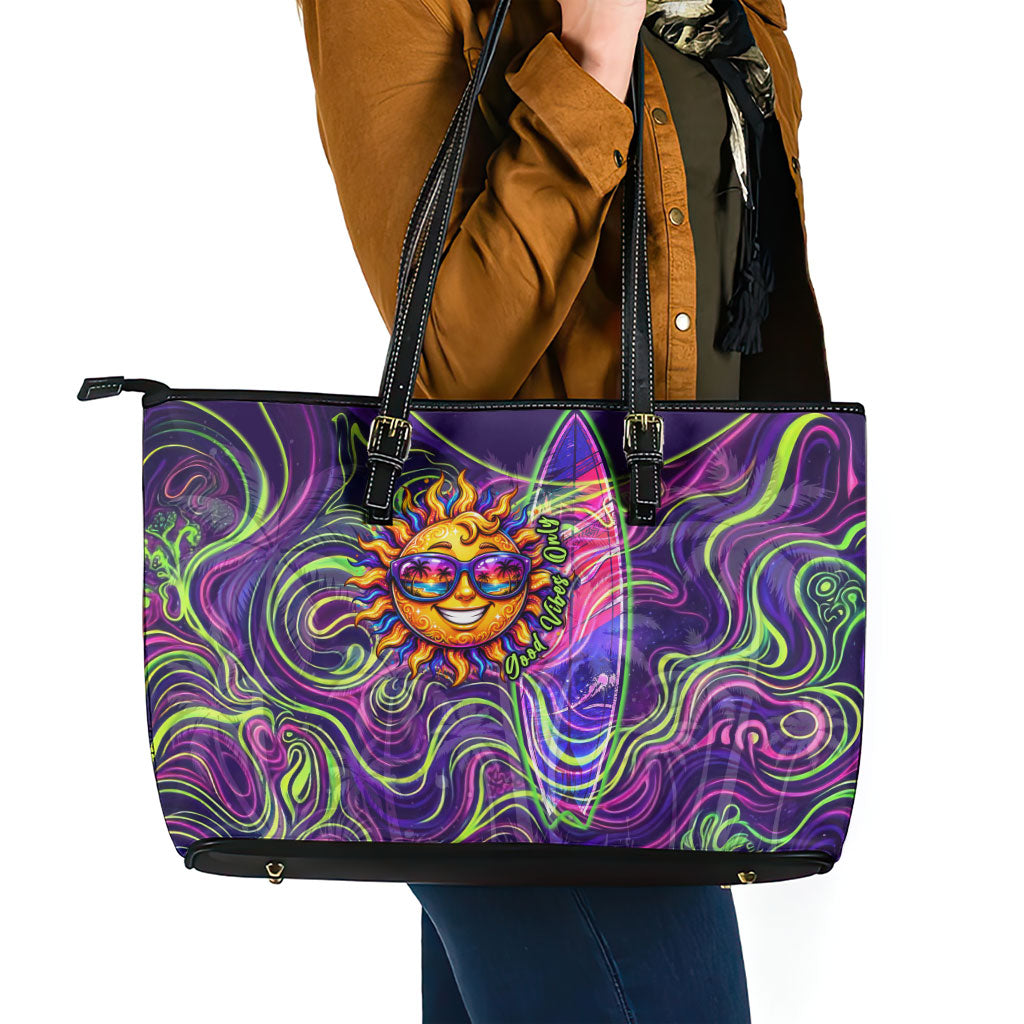Waimanalo Hawaii Sun Rabbit Leather Tote Bag Psychedelic Trippy Neon Swirl Graphic