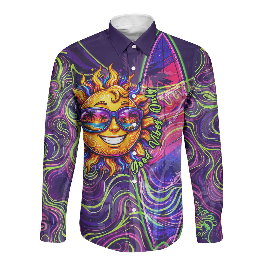 Waimanalo Hawaii Sun Rabbit Long Sleeve Button Shirt Psychedelic Trippy Neon Swirl Graphic
