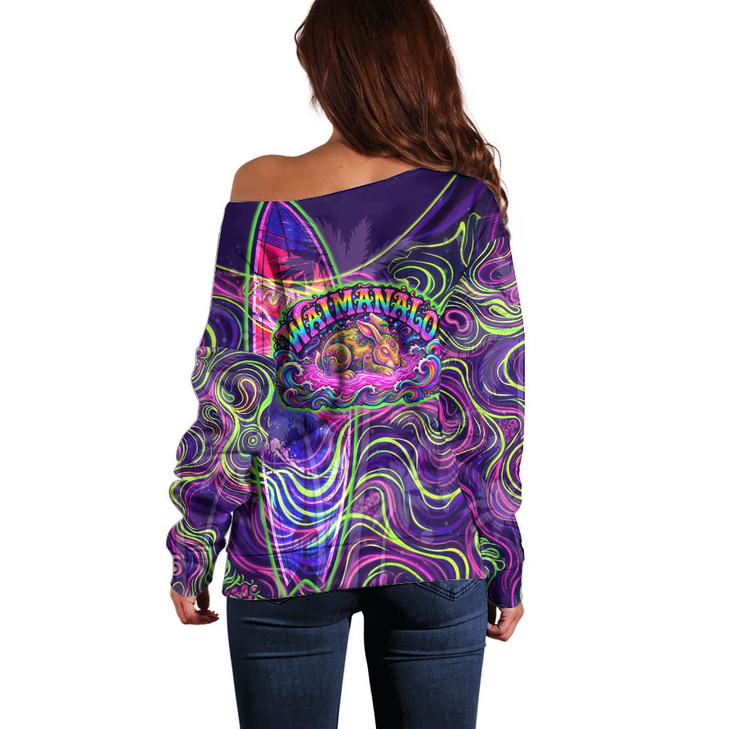Waimanalo Hawaii Sun Rabbit Off Shoulder Sweater Psychedelic Trippy Neon Swirl Graphic