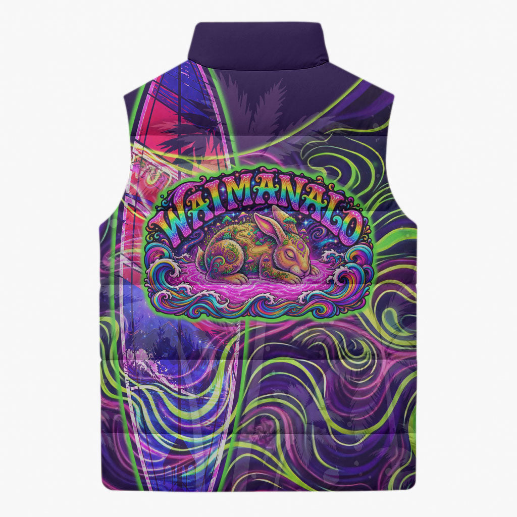 Waimanalo Hawaii Sun Rabbit Sleeveless Puffer Jacket Psychedelic Trippy Neon Swirl Graphic
