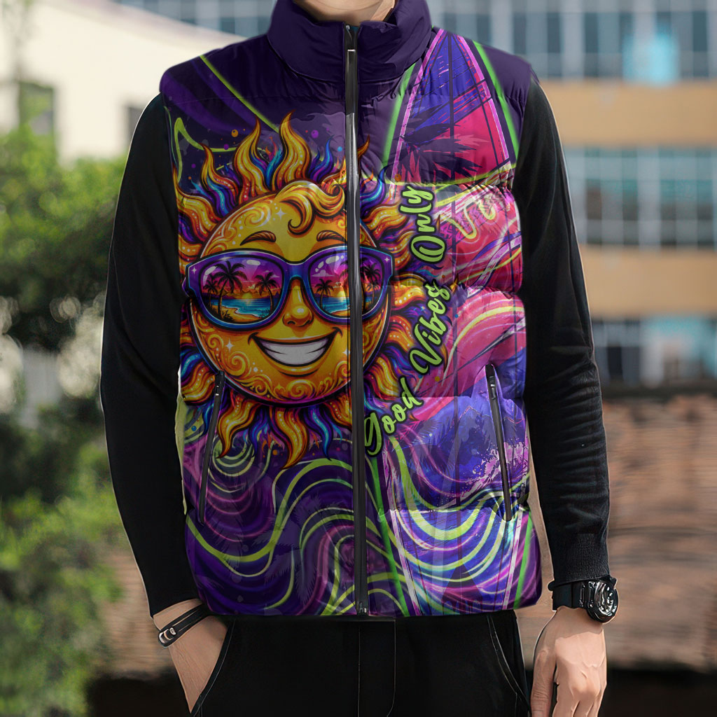 Waimanalo Hawaii Sun Rabbit Sleeveless Puffer Jacket Psychedelic Trippy Neon Swirl Graphic