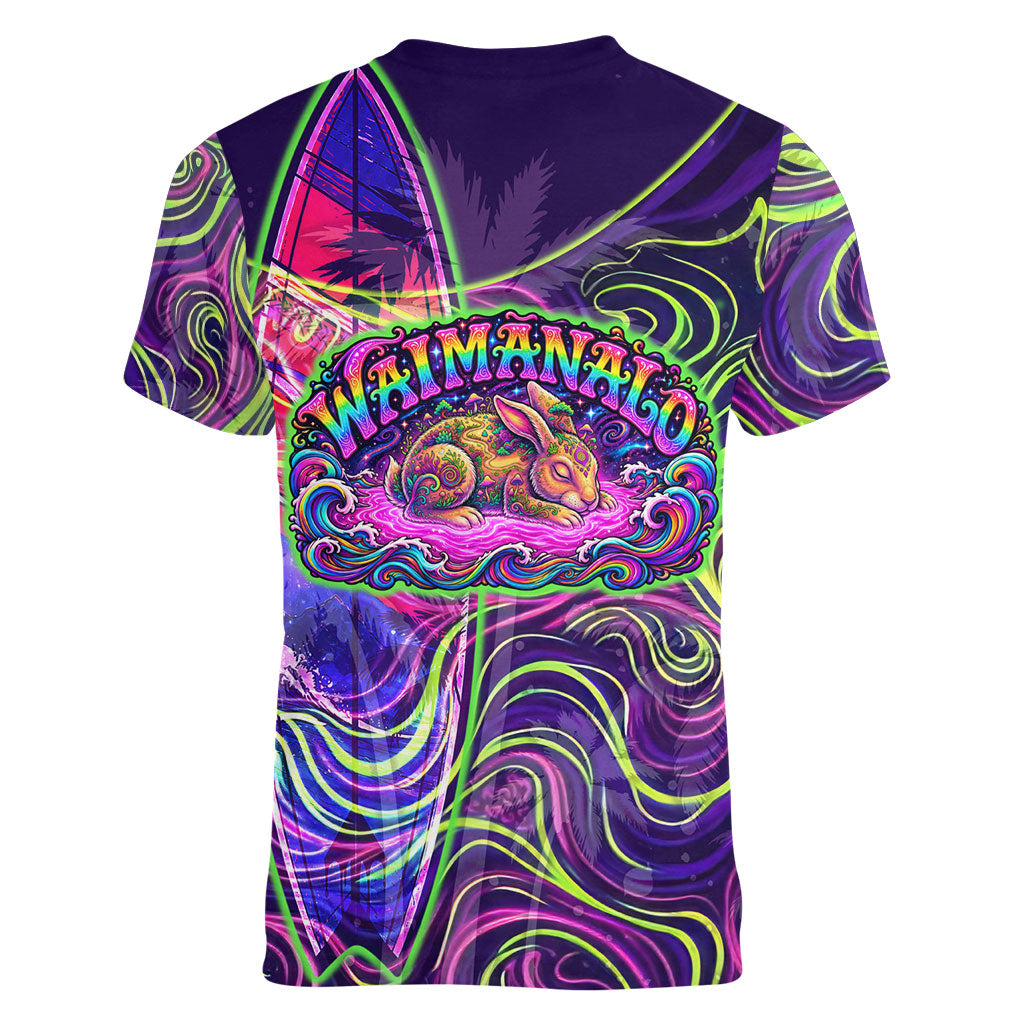 Waimanalo Hawaii Sun Rabbit Women V-Neck T-Shirt Psychedelic Trippy Neon Swirl Graphic