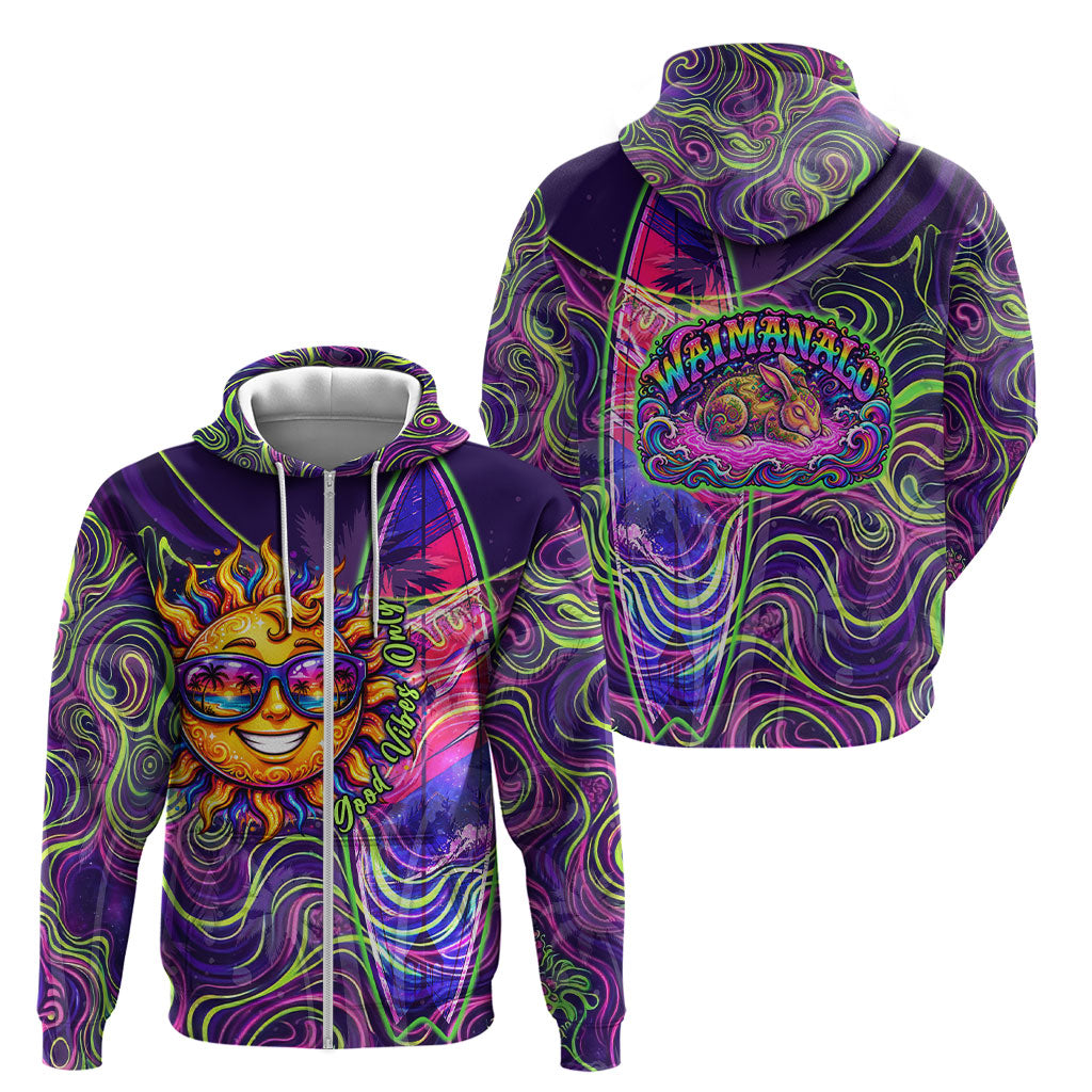 Waimanalo Hawaii Sun Rabbit Zip Hoodie Psychedelic Trippy Neon Swirl Graphic