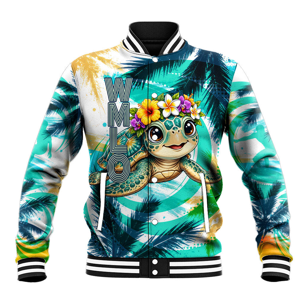 Hawaii Waimanalo Sea Turtle Baseball Jacket Cute Tropical Beach Aloha Spirit Cartoon TS04 Unisex Green Blue - Polynesian Pride