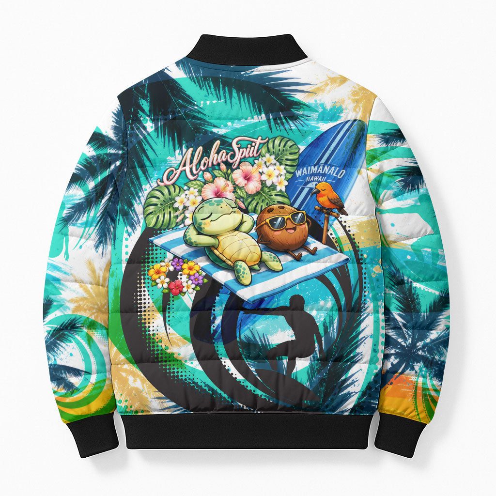 Hawaii Waimanalo Sea Turtle Bomber Puffer Jacket Cute Tropical Beach Aloha Spirit Cartoon