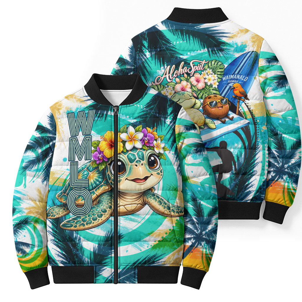 Hawaii Waimanalo Sea Turtle Bomber Puffer Jacket Cute Tropical Beach Aloha Spirit Cartoon