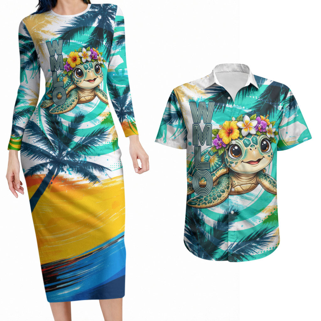 Hawaii Waimanalo Sea Turtle Couples Matching Long Sleeve Bodycon Dress and Hawaiian Shirt Cute Tropical Beach Aloha Spirit Cartoon TS04 Green Blue - Polynesian Pride