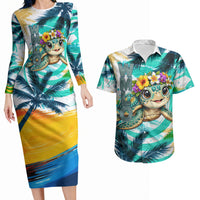 Hawaii Waimanalo Sea Turtle Couples Matching Long Sleeve Bodycon Dress and Hawaiian Shirt Cute Tropical Beach Aloha Spirit Cartoon TS04 Green Blue - Polynesian Pride