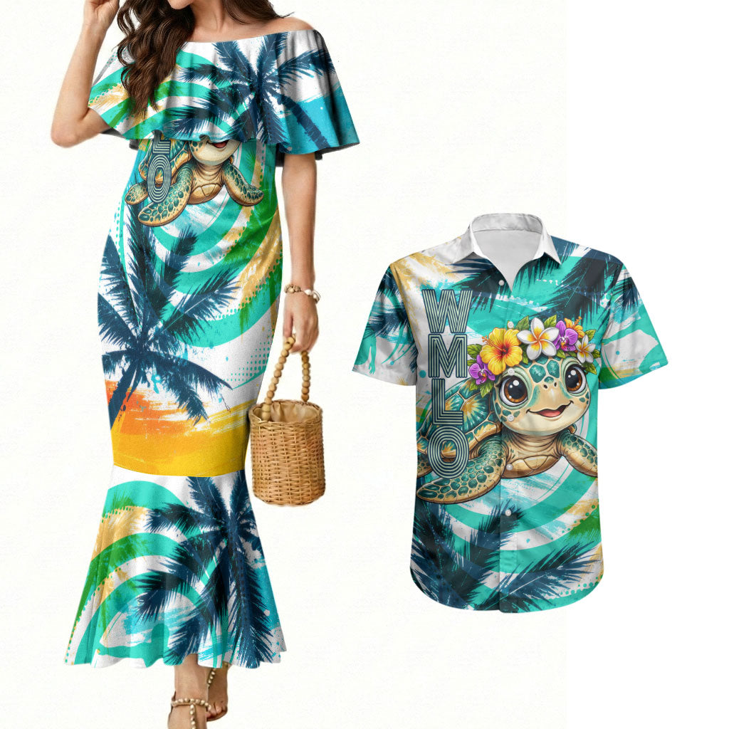 Hawaii Waimanalo Sea Turtle Couples Matching Mermaid Dress and Hawaiian Shirt Cute Tropical Beach Aloha Spirit Cartoon TS04 Green Blue - Polynesian Pride