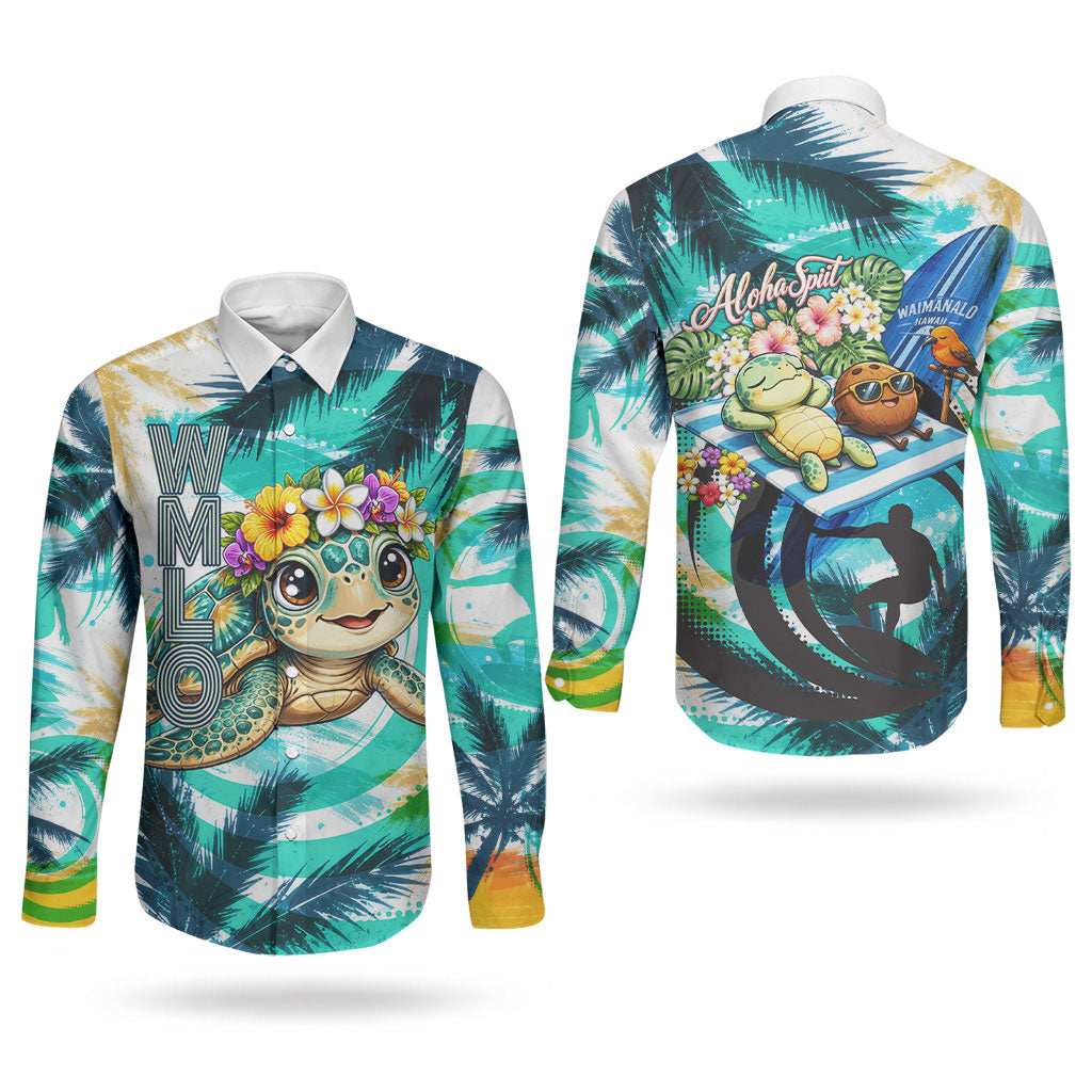 Hawaii Waimanalo Sea Turtle Couples Matching Mermaid Dress and Long Sleeve Button Shirt Cute Tropical Beach Aloha Spirit Cartoon