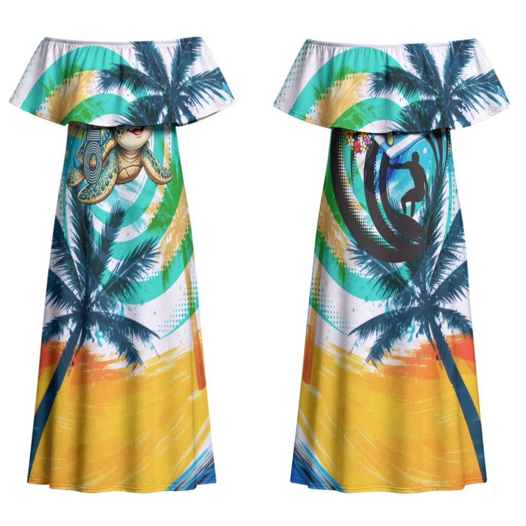 Hawaii Waimanalo Sea Turtle Couples Matching Off Shoulder Maxi Dress and Long Sleeve Button Shirt Cute Tropical Beach Aloha Spirit Cartoon TS04 - Polynesian Pride