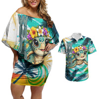 Hawaii Waimanalo Sea Turtle Couples Matching Off Shoulder Short Dress and Hawaiian Shirt Cute Tropical Beach Aloha Spirit Cartoon TS04 Green Blue - Polynesian Pride