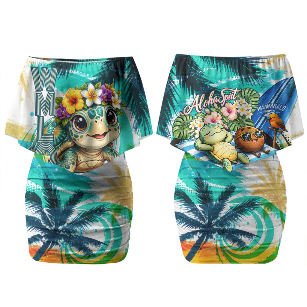 Hawaii Waimanalo Sea Turtle Couples Matching Off Shoulder Short Dress and Hawaiian Shirt Cute Tropical Beach Aloha Spirit Cartoon TS04 - Polynesian Pride