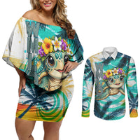 Hawaii Waimanalo Sea Turtle Couples Matching Off Shoulder Short Dress and Long Sleeve Button Shirt Cute Tropical Beach Aloha Spirit Cartoon TS04 Green Blue - Polynesian Pride