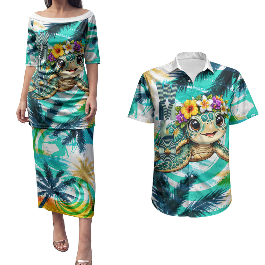 Hawaii Waimanalo Sea Turtle Couples Matching Puletasi and Hawaiian Shirt Cute Tropical Beach Aloha Spirit Cartoon TS04 Green Blue - Polynesian Pride