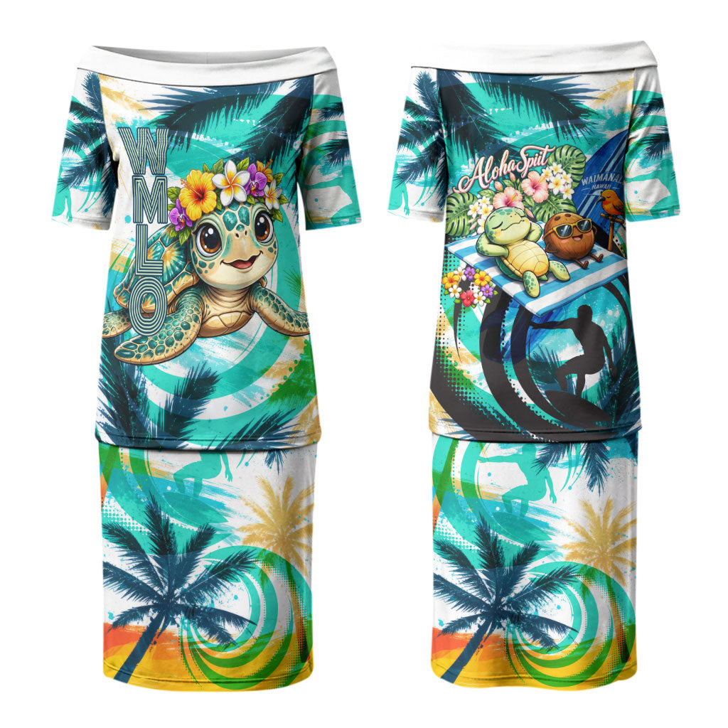 Hawaii Waimanalo Sea Turtle Couples Matching Puletasi and Hawaiian Shirt Cute Tropical Beach Aloha Spirit Cartoon TS04 - Polynesian Pride