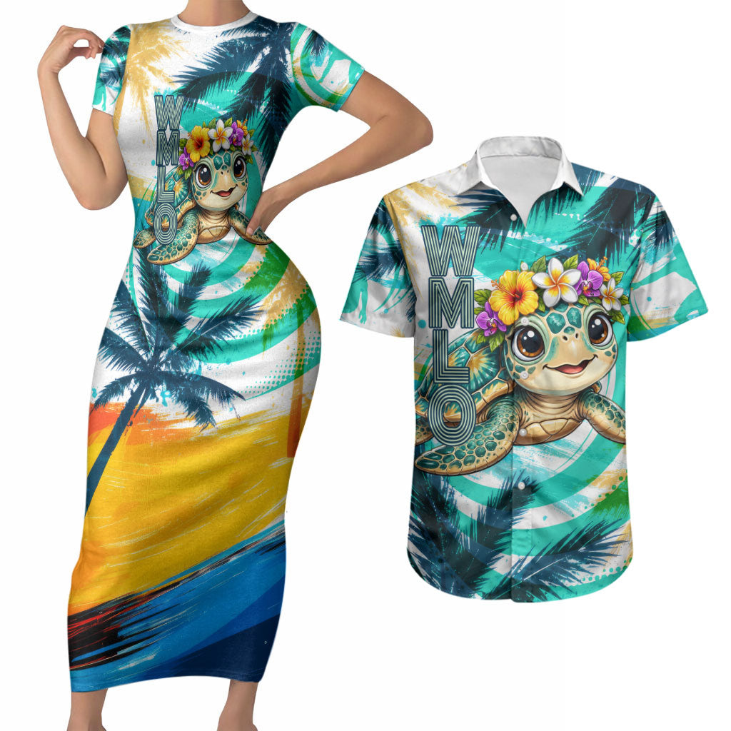 Hawaii Waimanalo Sea Turtle Couples Matching Short Sleeve Bodycon Dress and Hawaiian Shirt Cute Tropical Beach Aloha Spirit Cartoon TS04 Green Blue - Polynesian Pride