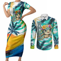 Hawaii Waimanalo Sea Turtle Couples Matching Short Sleeve Bodycon Dress and Long Sleeve Button Shirt Cute Tropical Beach Aloha Spirit Cartoon TS04 Green Blue - Polynesian Pride