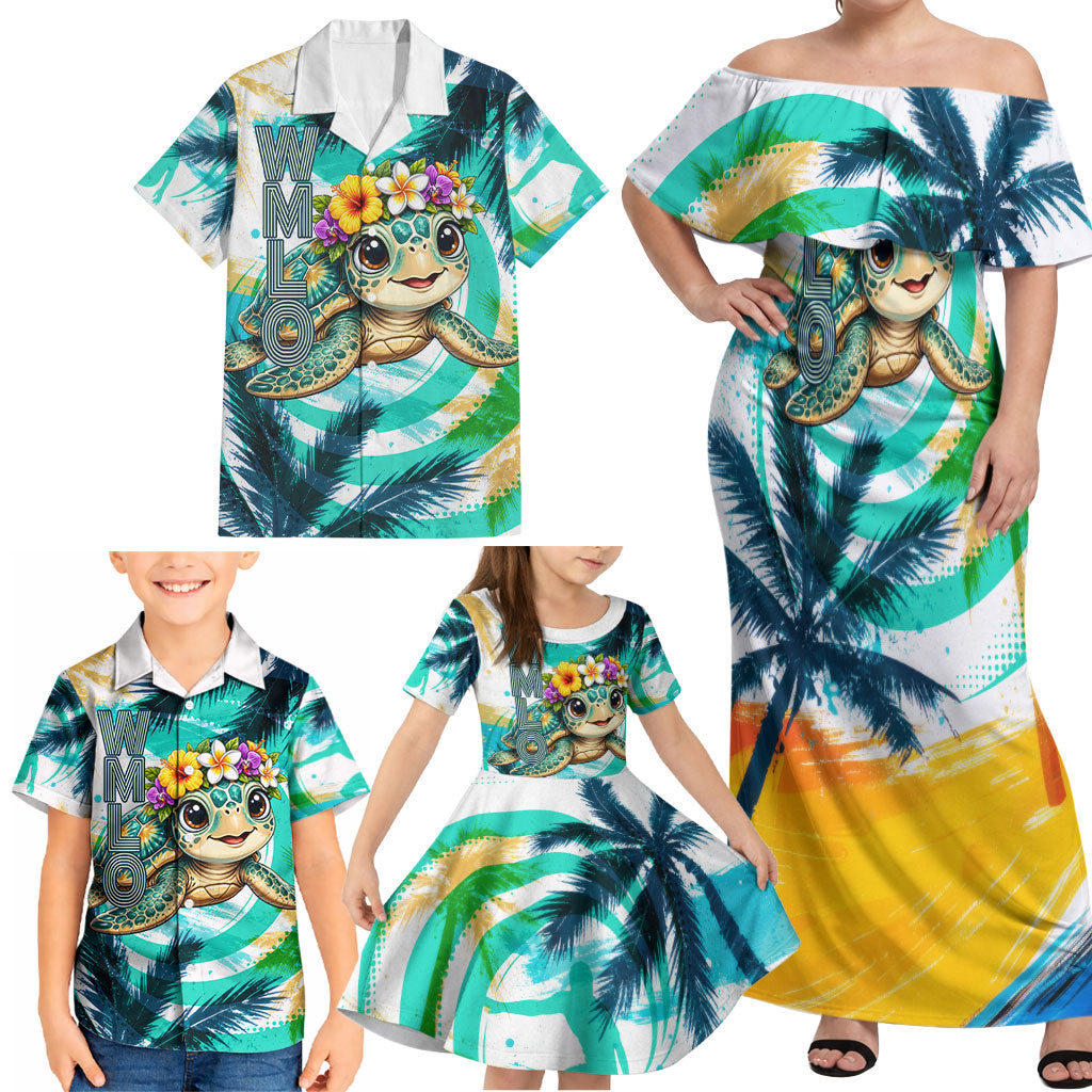 Hawaii Waimanalo Sea Turtle Family Matching Off Shoulder Maxi Dress and Hawaiian Shirt Cute Tropical Beach Aloha Spirit Cartoon TS04 - Polynesian Pride