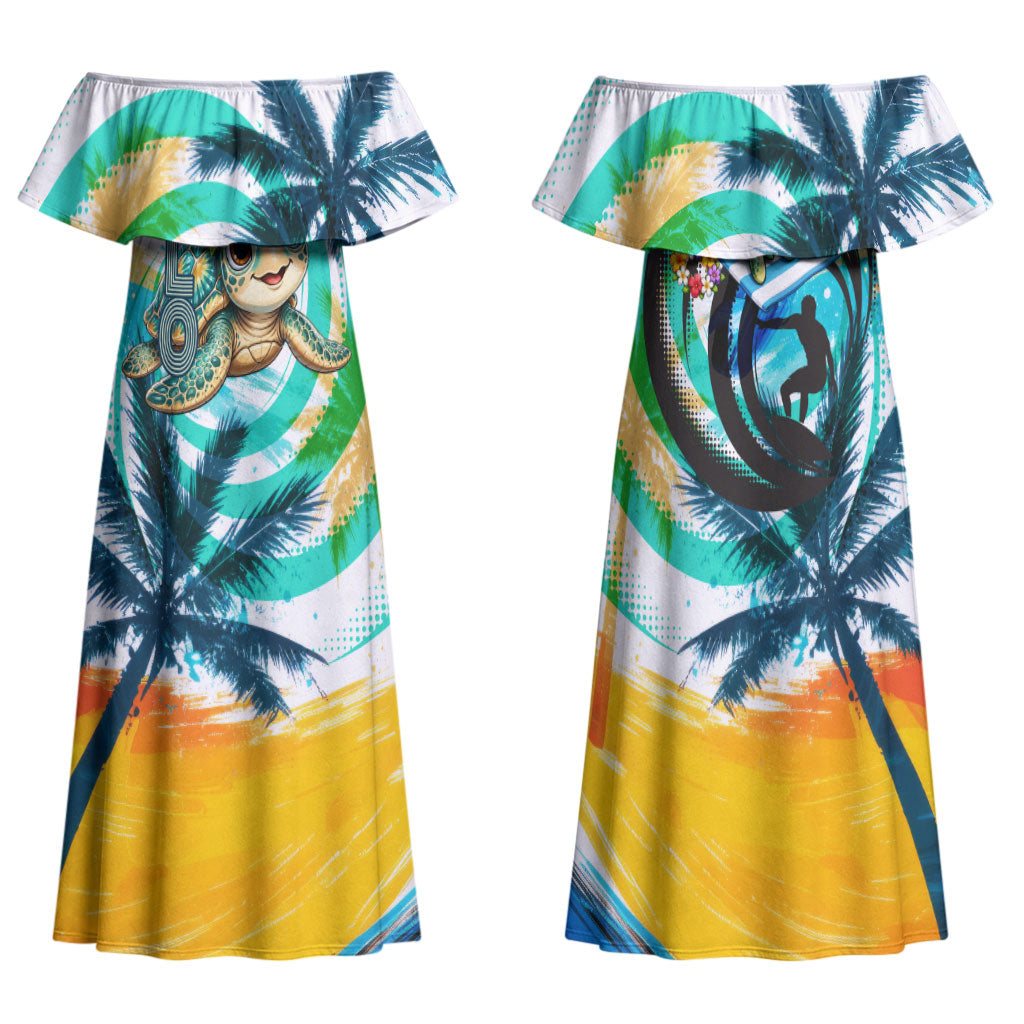 Hawaii Waimanalo Sea Turtle Family Matching Off Shoulder Maxi Dress and Hawaiian Shirt Cute Tropical Beach Aloha Spirit Cartoon TS04 Mom's Dress Green Blue - Polynesian Pride