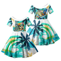 Hawaii Waimanalo Sea Turtle Family Matching Off Shoulder Short Dress and Hawaiian Shirt Cute Tropical Beach Aloha Spirit Cartoon TS04 Daughter's Dress Green Blue - Polynesian Pride